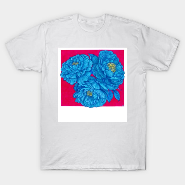 Bloom wherever you are - blue and hot pink peonies T-Shirt by Andreaigv